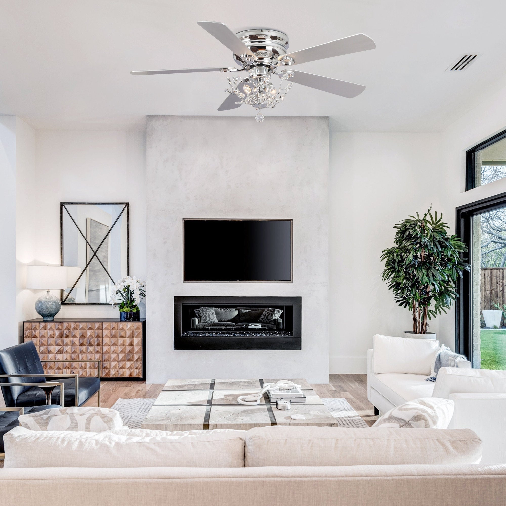 Ventilateur de plafond moderne à 5 pales réversibles, à montage encastré, avec télécommande, 48 pouces, en cristal.