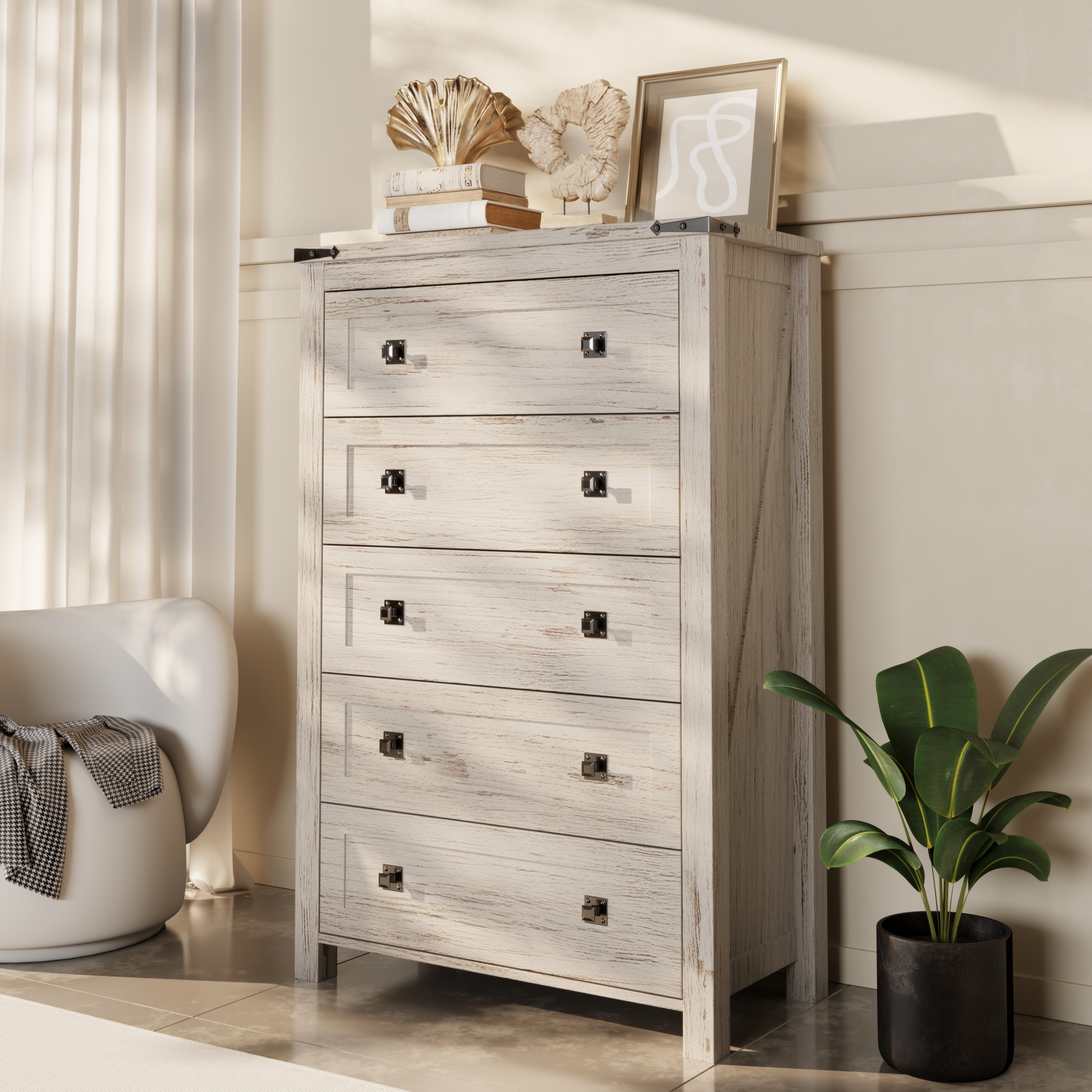 Commode haute de style farmhouse à 5 tiroirs, 48 pouces, en bois, pour chambre à coucher