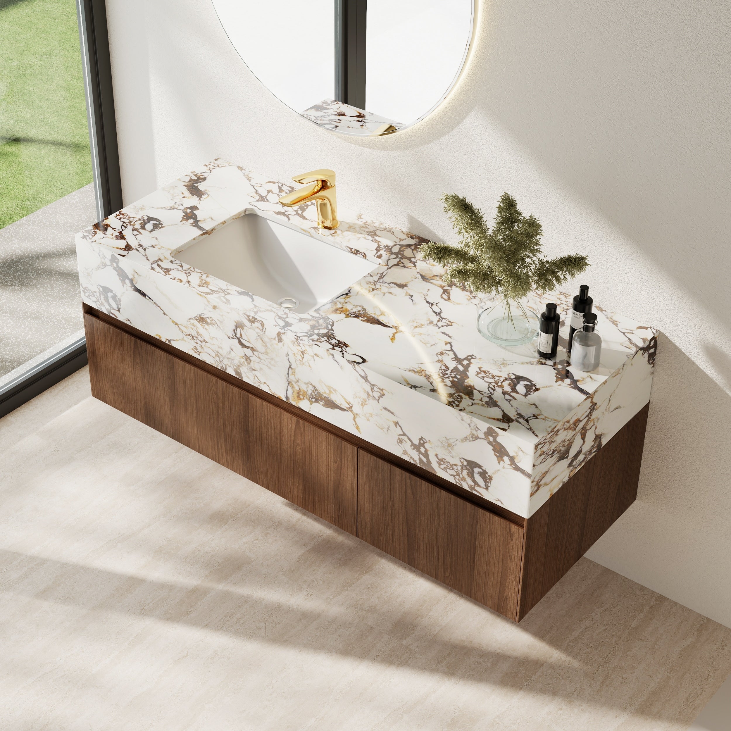 Meubles-lavabos de salle de bain simples modernes de 48 pouces, avec dessus en faux marbre brillant, en bois massif.