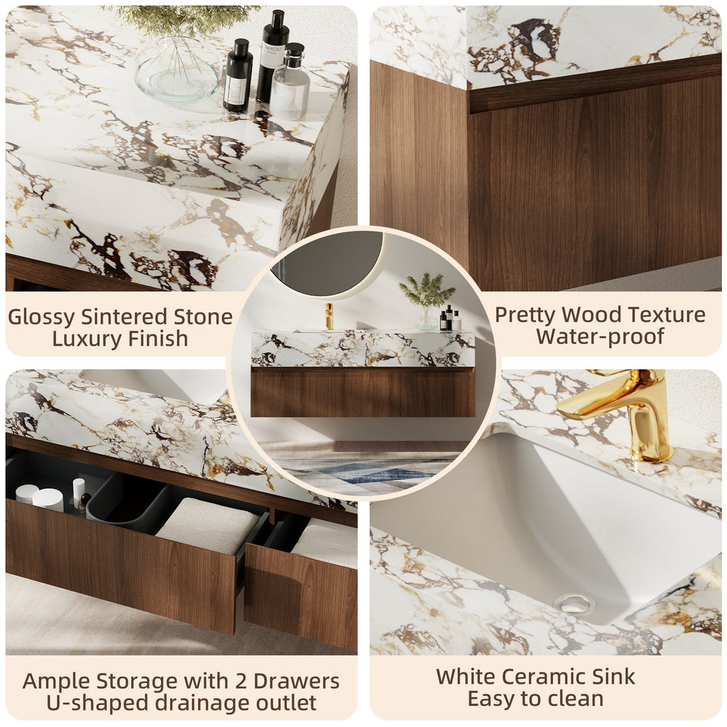 Meubles-lavabos de salle de bain simples modernes de 48 pouces, avec dessus en faux marbre brillant, en bois massif.