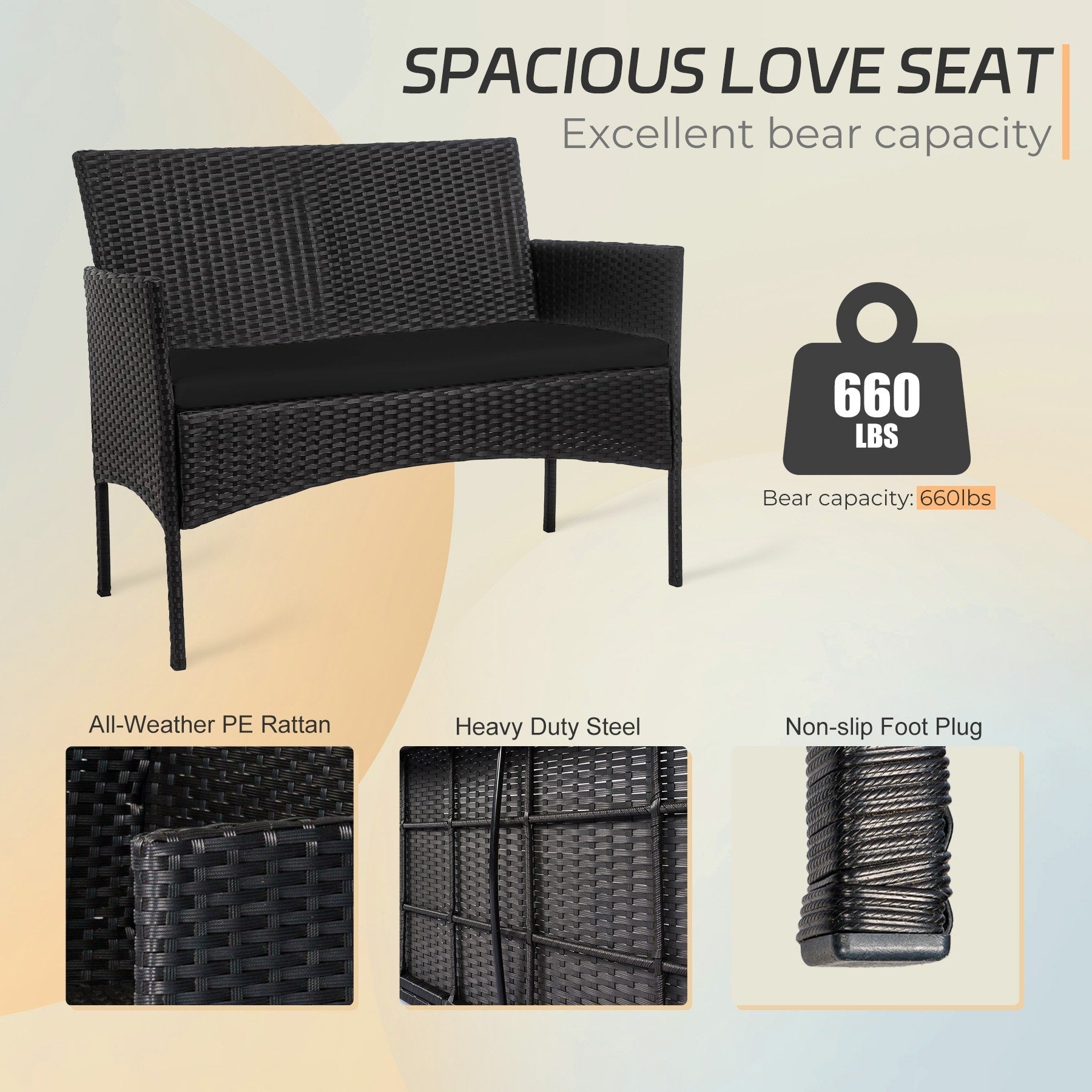 Ensemble de mobilier de jardin en résine tressée 4 pièces, canapé d'angle extérieur en rotin avec coussins