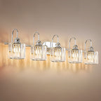 Ensemble de 5 luminaires linéaires à intensité variable pour salle de bain, style glamour, avec abat-jour en cristal cylindrique.