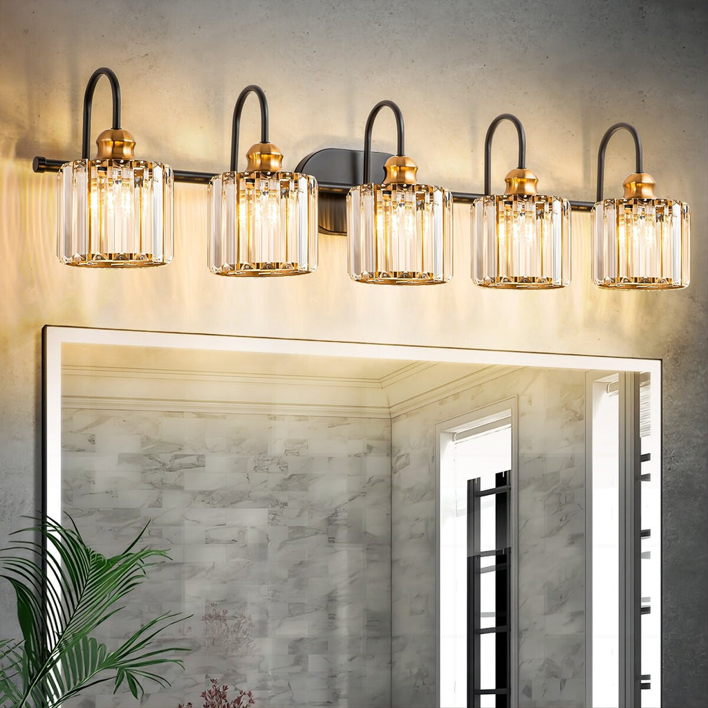 Ensemble de 5 luminaires linéaires à intensité variable pour salle de bain, style glamour, avec abat-jour en cristal cylindrique.