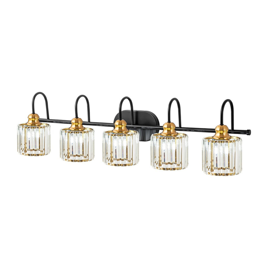 Ensemble de 5 luminaires linéaires à intensité variable pour salle de bain, style glamour, avec abat-jour en cristal cylindrique.