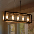 Luminaires suspendus industriels modernes à 5 lumières, style linéaire, pour salle à manger, style farmhouse, avec abat-jour cylindrique en verre transparent, pour îlot de cuisine.