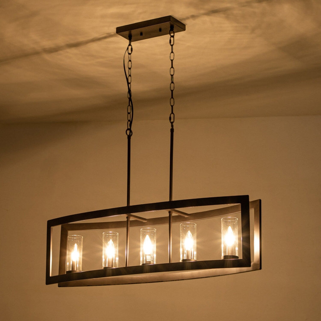 Luminaires suspendus industriels modernes à 5 lumières, style linéaire, pour salle à manger, style farmhouse, avec abat-jour cylindrique en verre transparent, pour îlot de cuisine.