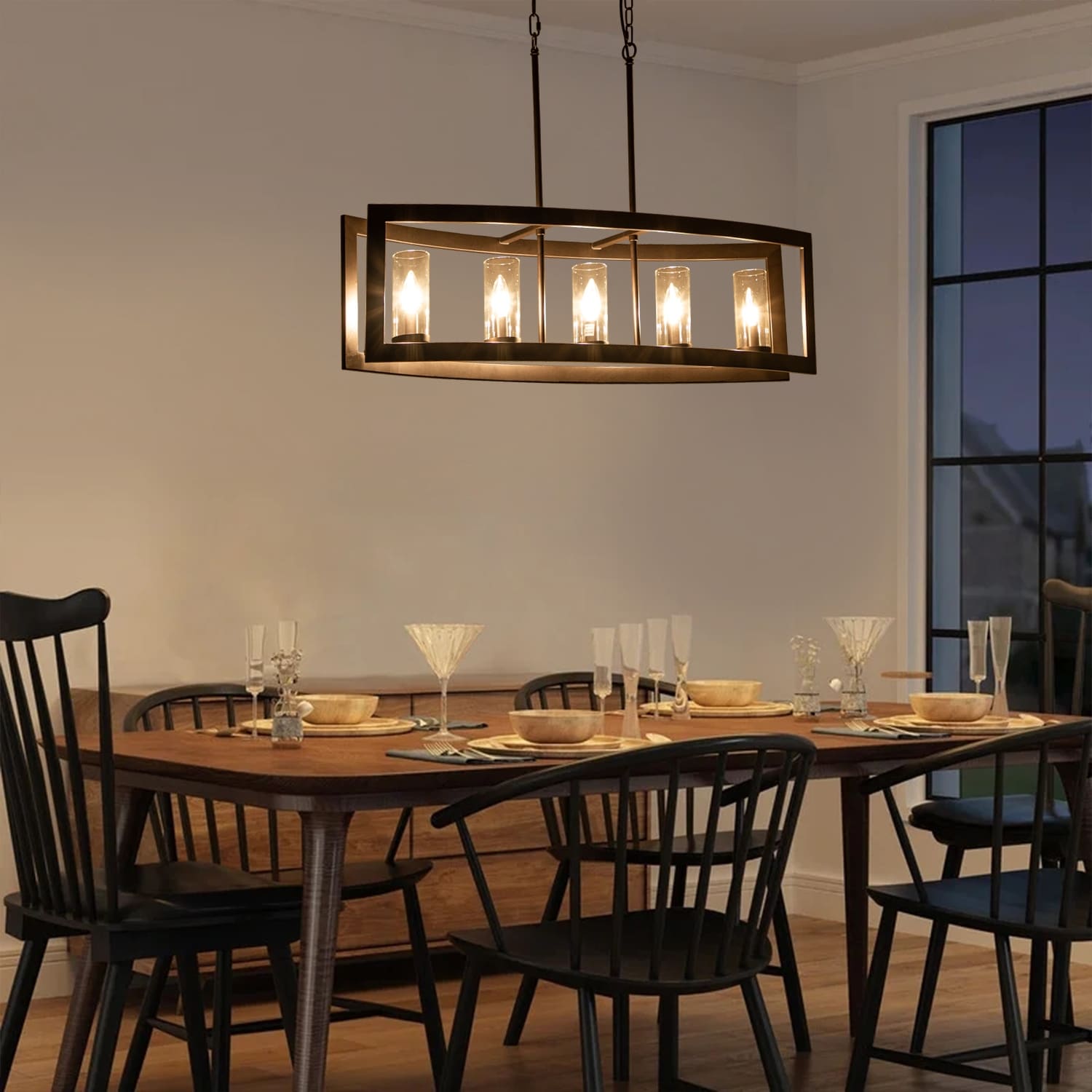 Luminaires suspendus industriels modernes à 5 lumières, style linéaire, pour salle à manger, style farmhouse, avec abat-jour cylindrique en verre transparent, pour îlot de cuisine.