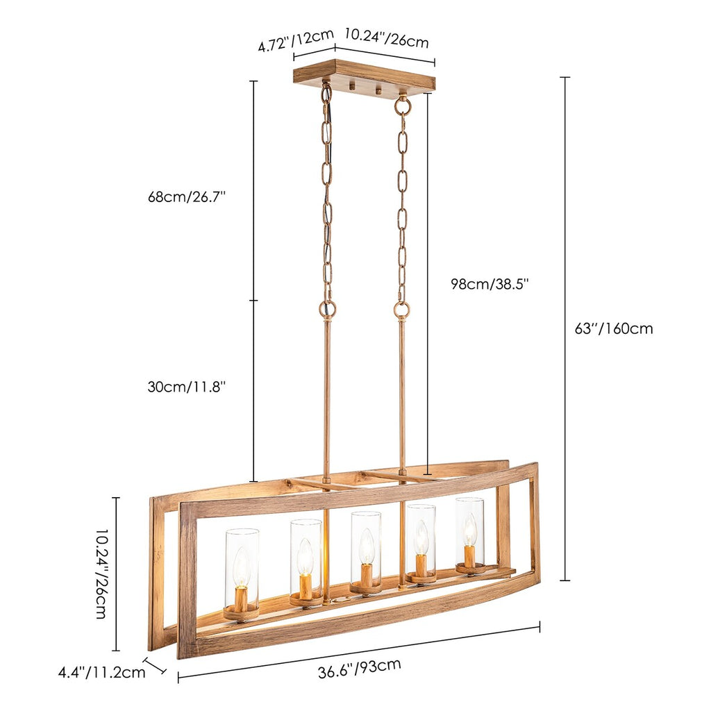 Suspension rectangulaire en verre vintage à 5 lumières, style industriel moderne du milieu du siècle, pour îlot de cuisine.