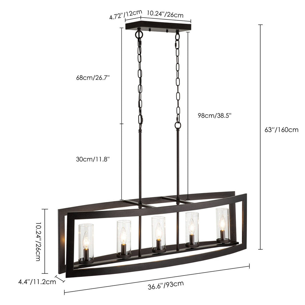 Suspension rectangulaire en verre vintage à 5 lumières, style industriel moderne du milieu du siècle, pour îlot de cuisine.