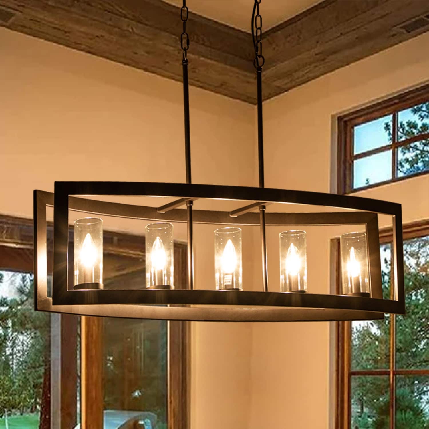 Luminaires suspendus industriels modernes à 5 lumières, style linéaire, pour salle à manger, style farmhouse, avec abat-jour cylindrique en verre transparent, pour îlot de cuisine.