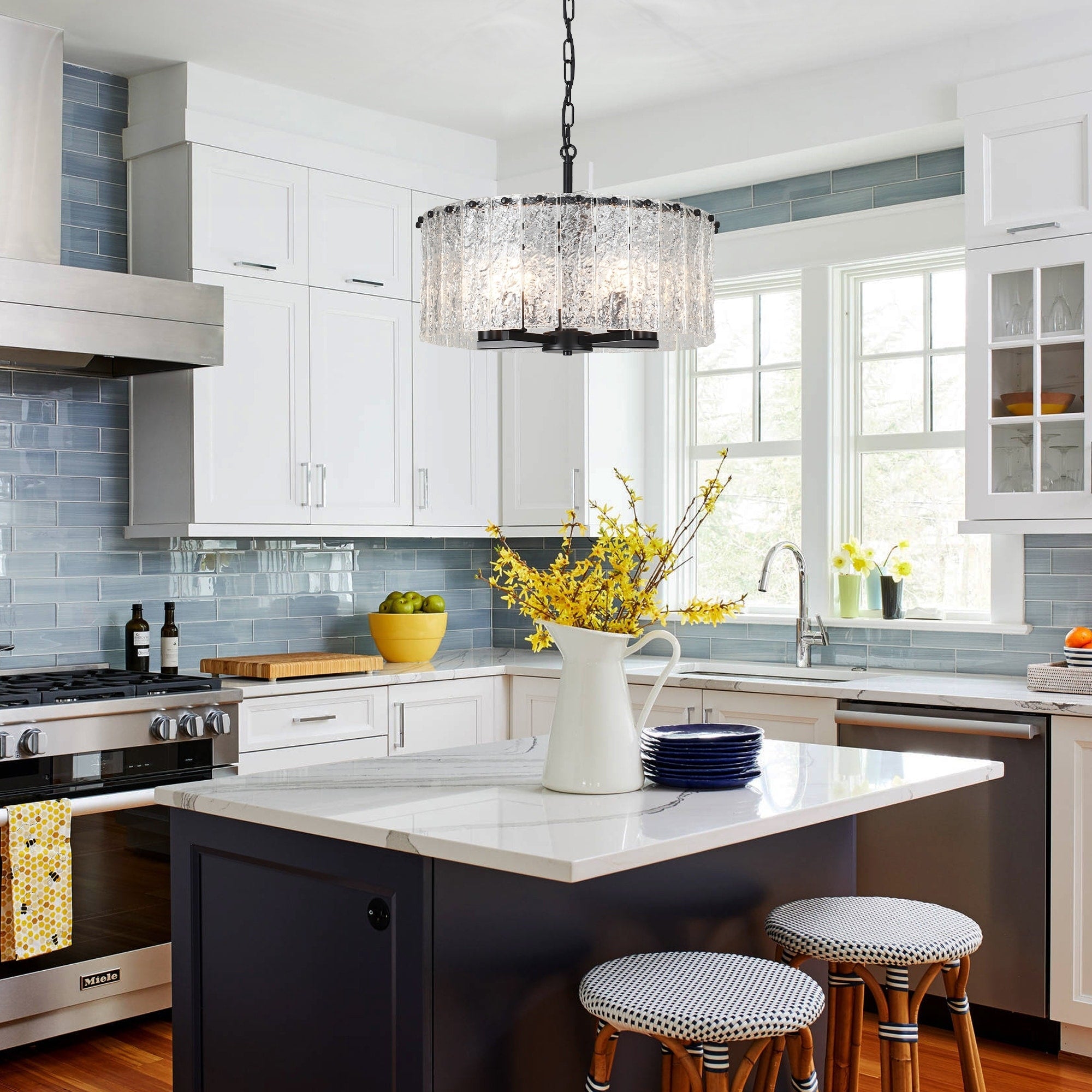 Luminaire suspendu moderne à 5 lumières en forme de tambour rond, luminaire semi-encastré classique, luminaire à suspendre pour îlot de cuisine et salle à manger