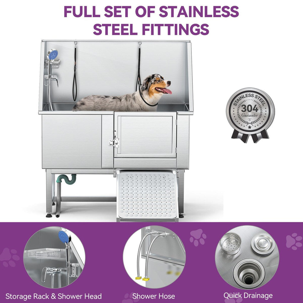 Baignoire de toilettage pour animaux de compagnie en acier inoxydable de 127 cm de large, réglable, avec rampe - Argent