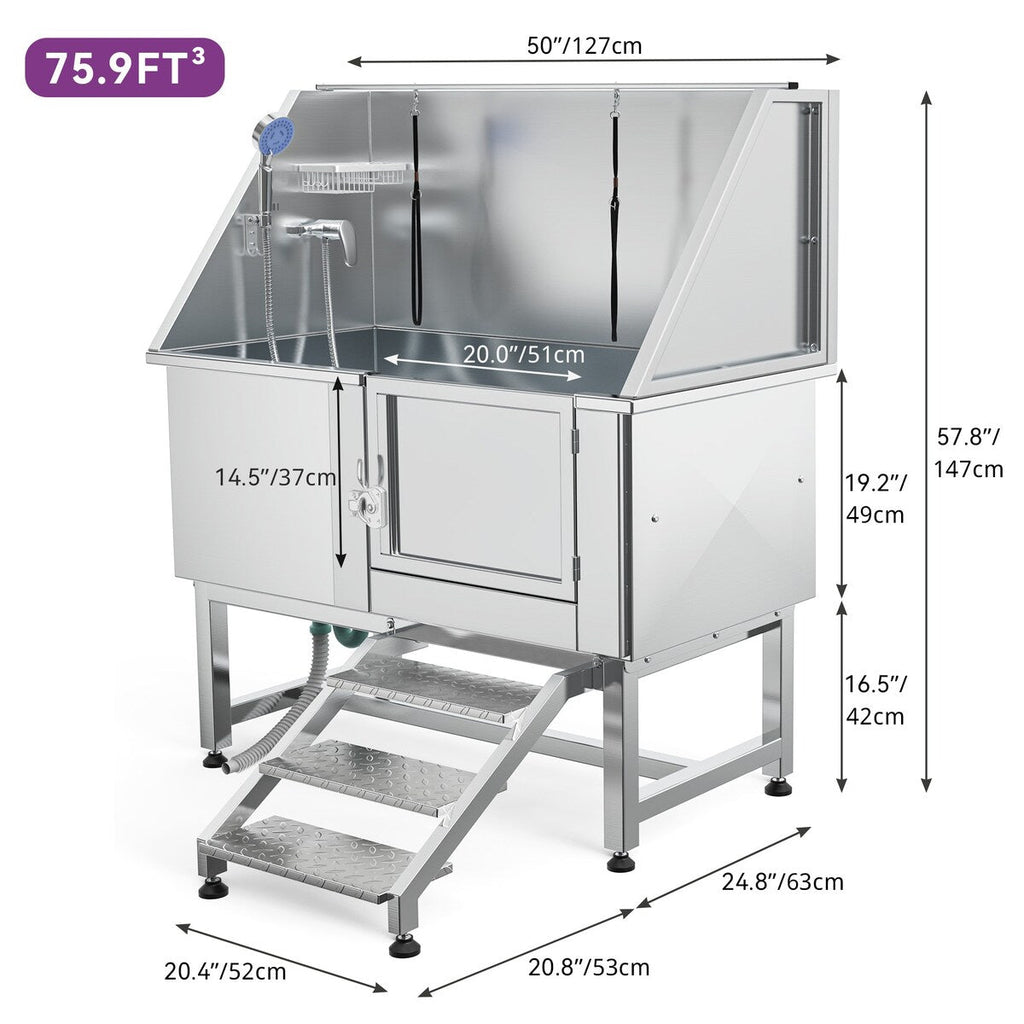 Baignoire de toilettage pour animaux de compagnie en acier inoxydable de 127 cm de large, réglable, avec rampe d'accès.
