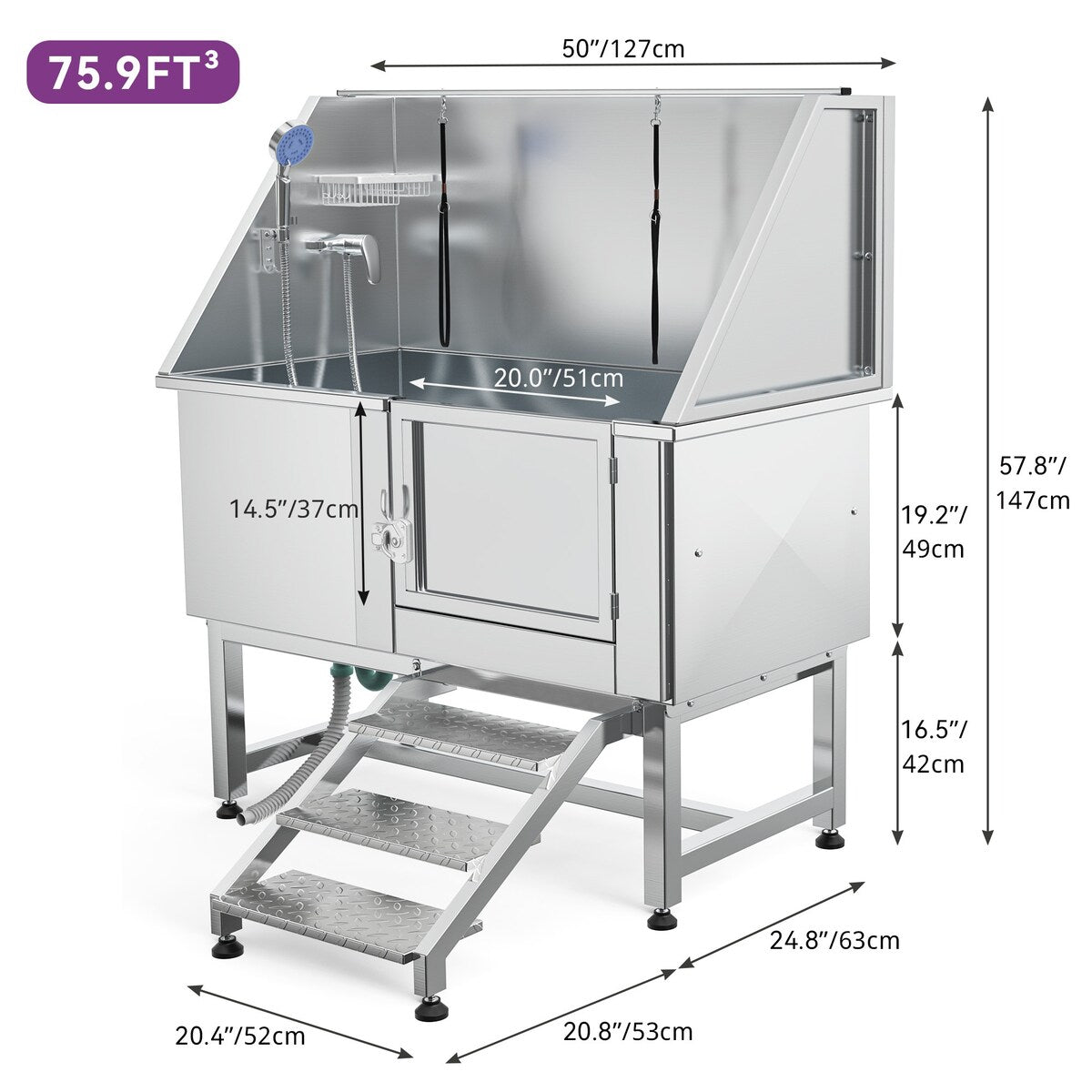 Baignoire de toilettage pour animaux de compagnie en acier inoxydable de 127 cm de large, réglable, avec rampe d'accès.