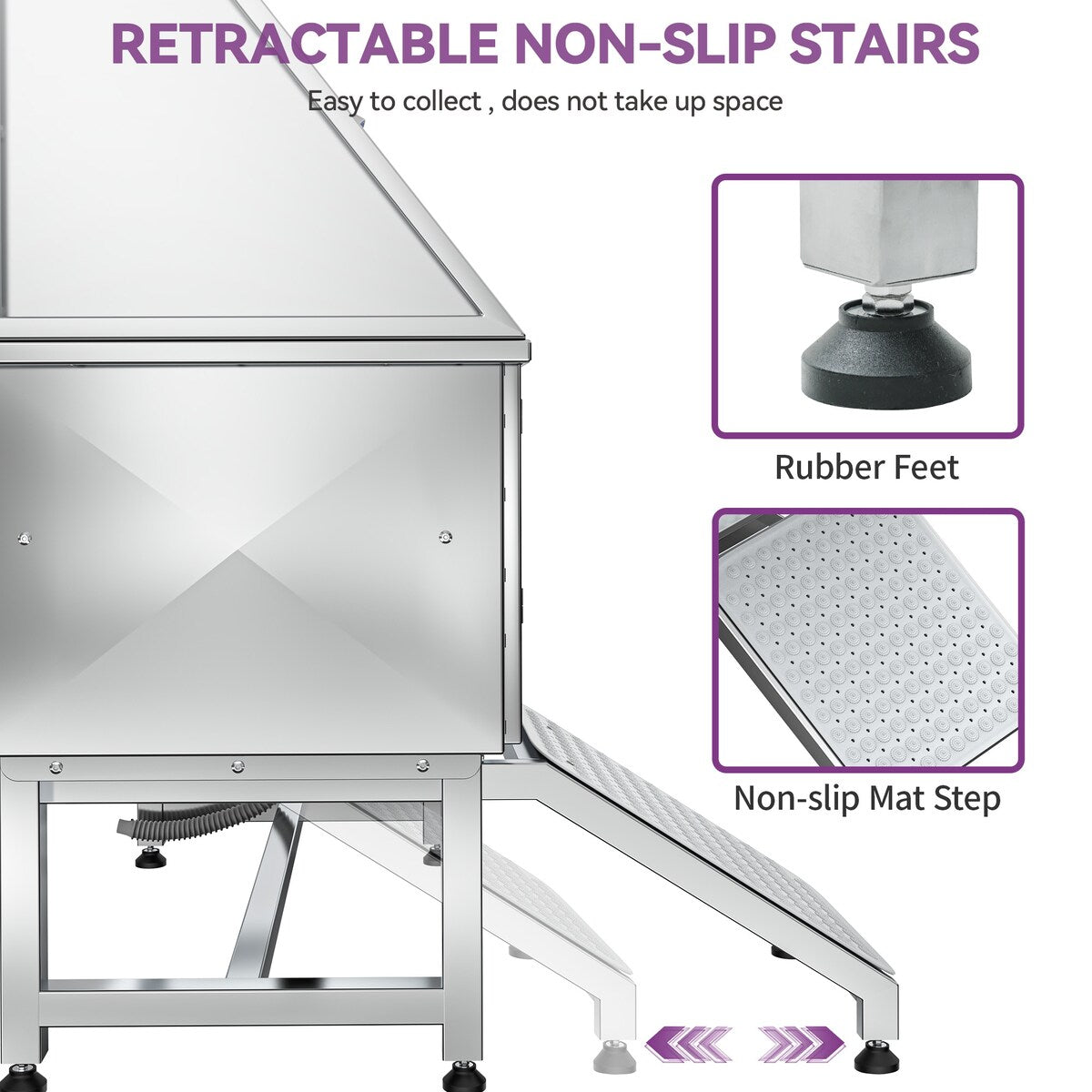 Baignoire de toilettage pour animaux de compagnie en acier inoxydable de 127 cm de large, réglable, avec rampe d'accès.