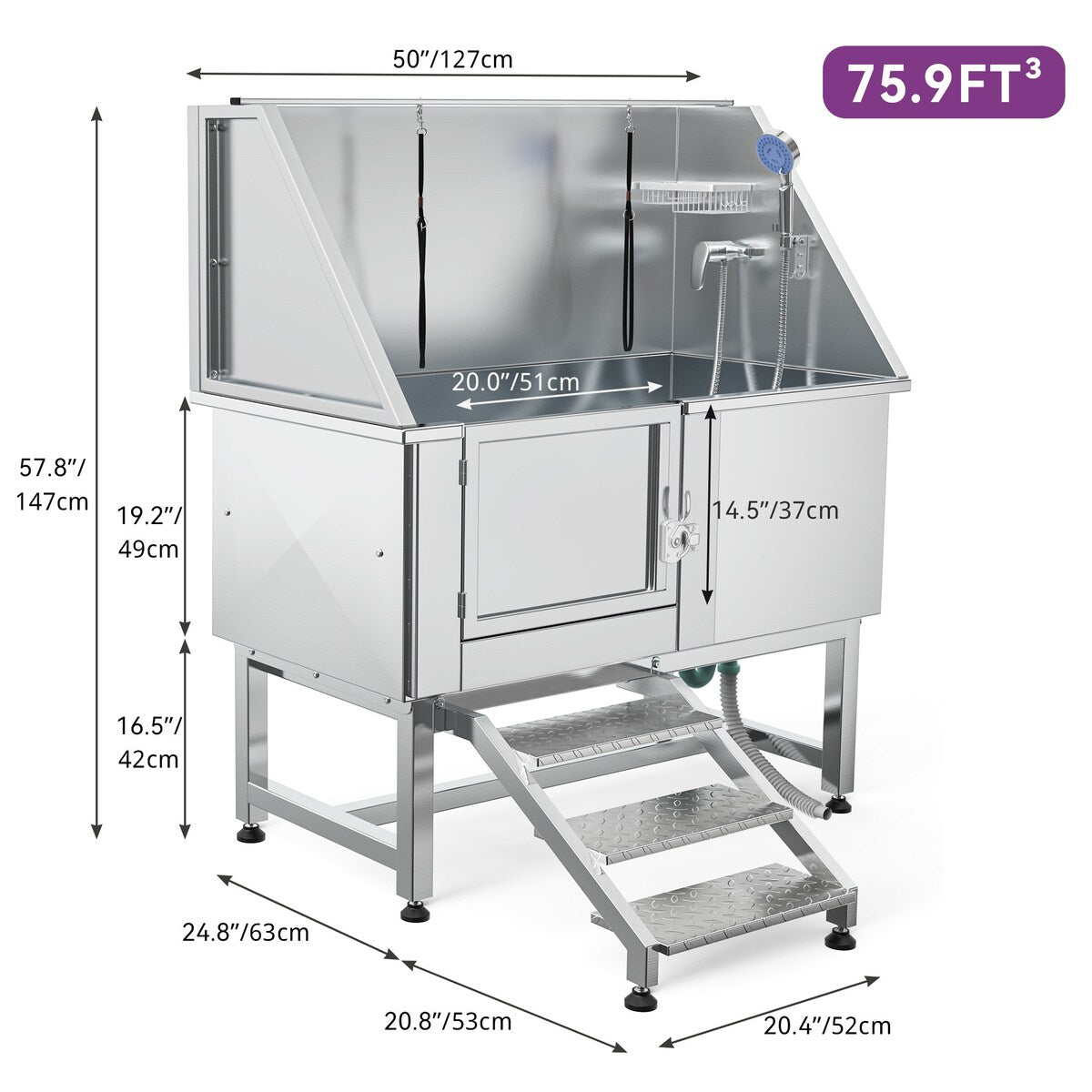 Baignoire de toilettage pour animaux de compagnie en acier inoxydable de 127 cm de large, réglable, avec rampe d'accès.