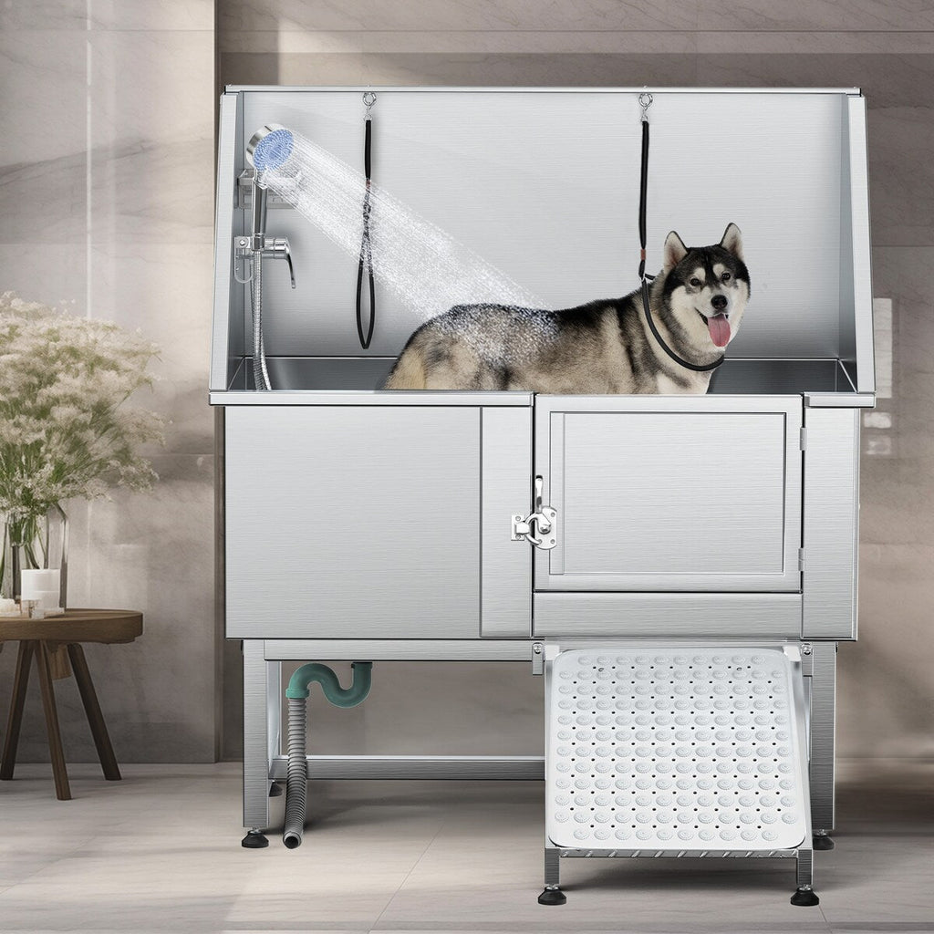 Baignoire de toilettage pour animaux de compagnie en acier inoxydable de 127 cm de large, réglable, avec rampe d'accès.