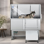 Baignoire de toilettage pour animaux de compagnie en acier inoxydable de 127 cm de large, réglable, avec rampe d'accès.