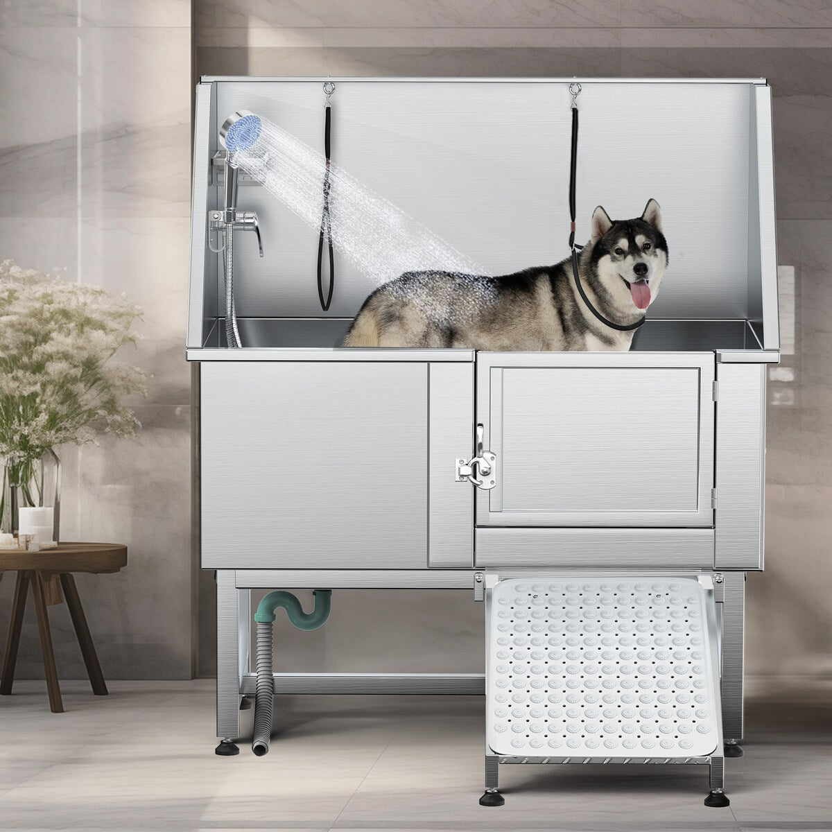 Baignoire de toilettage pour animaux de compagnie en acier inoxydable de 127 cm de large, réglable, avec rampe d'accès.