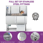 Baignoire de toilettage pour animaux de compagnie en acier inoxydable de 127 cm de large, réglable, avec rampe d'accès.