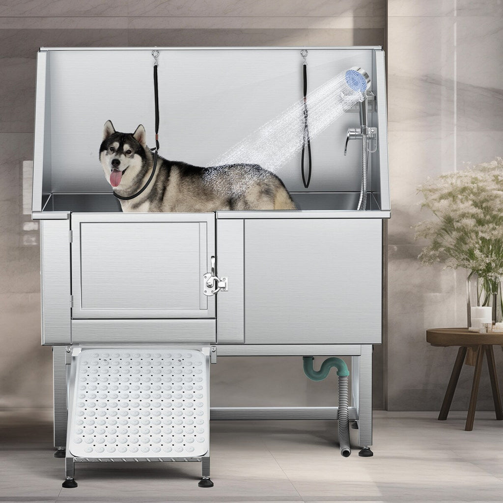 Baignoire de toilettage pour animaux de compagnie en acier inoxydable de 127 cm de large, réglable, avec rampe d'accès.