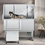 Baignoire de toilettage pour animaux de compagnie en acier inoxydable de 127 cm de large, réglable, avec rampe d'accès.