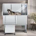 Baignoire de toilettage pour animaux de compagnie en acier inoxydable de 127 cm de large, réglable, avec rampe d'accès.