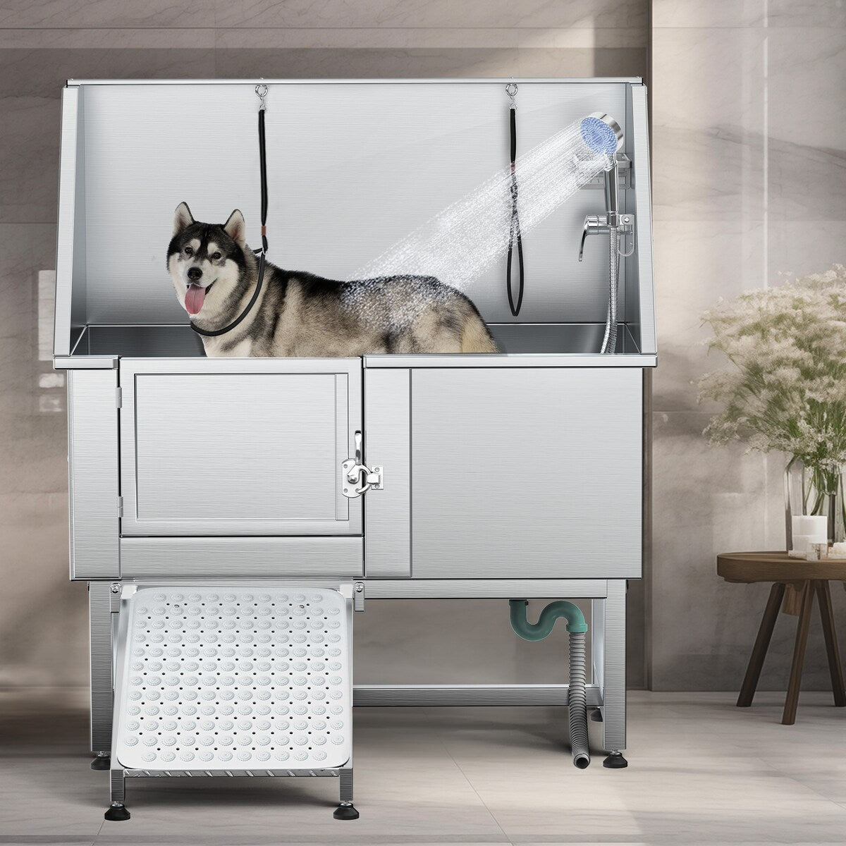 Baignoire de toilettage pour animaux de compagnie en acier inoxydable de 127 cm de large, réglable, avec rampe d'accès.