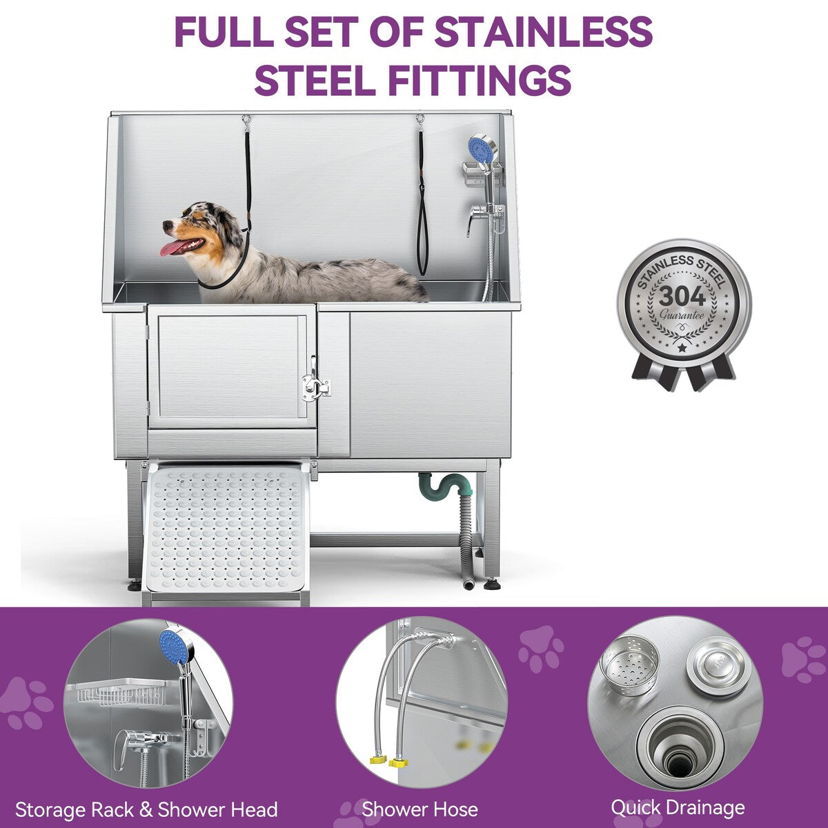 Baignoire de toilettage pour animaux de compagnie en acier inoxydable de 127 cm de large, réglable, avec rampe d'accès.