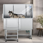 Baignoire de toilettage pour animaux de compagnie en acier inoxydable de 127 cm de large, réglable, avec rampe d'accès.