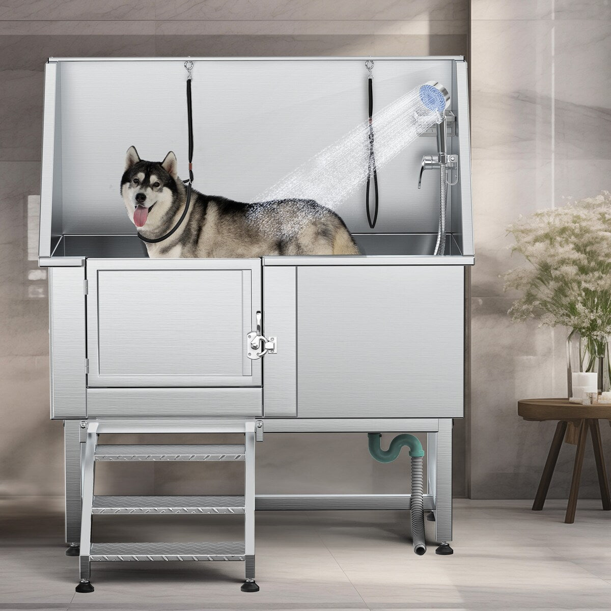 Baignoire de toilettage pour animaux de compagnie en acier inoxydable de 127 cm de large, réglable, avec rampe d'accès.