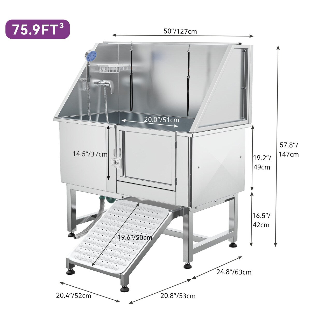 Baignoire de toilettage pour animaux de compagnie en acier inoxydable de 127 cm de large, réglable, avec rampe d'accès.