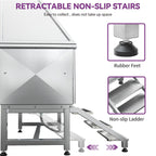 Baignoire de toilettage pour animaux de compagnie en acier inoxydable de 127 cm de large, réglable, avec rampe d'accès.