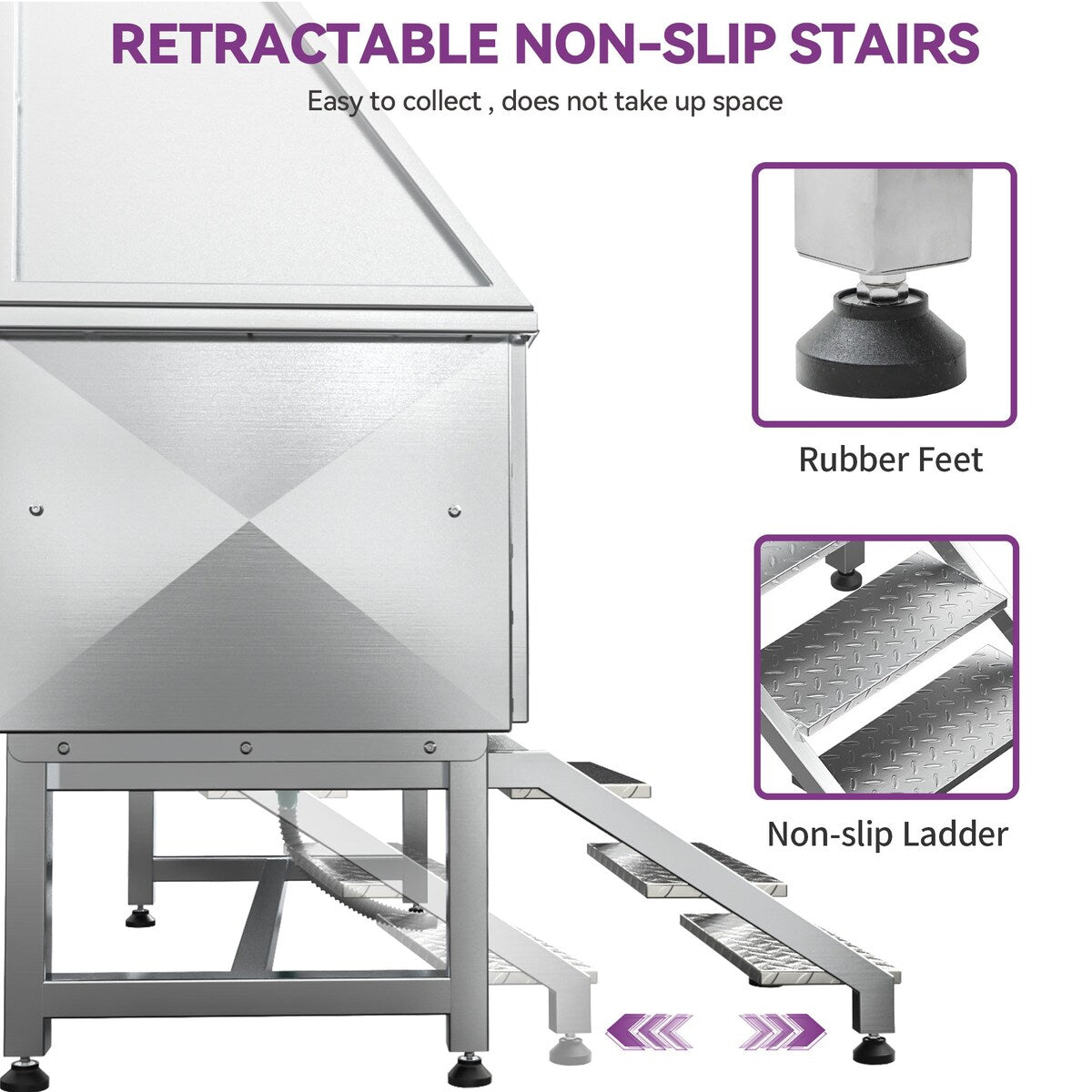 Baignoire de toilettage pour animaux de compagnie en acier inoxydable de 127 cm de large, réglable, avec rampe d'accès.