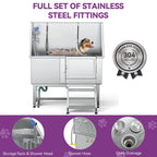 Baignoire de toilettage pour animaux de compagnie en acier inoxydable de 127 cm de large, réglable, avec rampe d'accès.