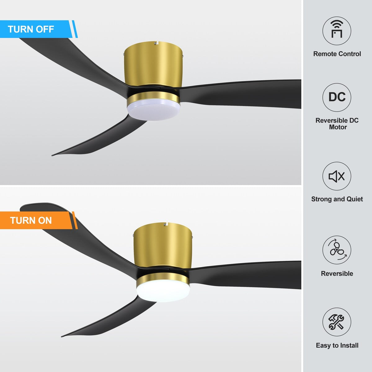 Ventilateur de plafond LED à montage encastré de 52 pouces noir/blanc avec éclairage et télécommande (3 pales)