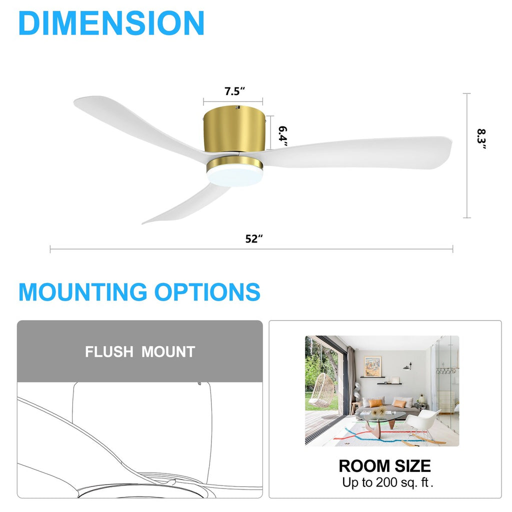 Ventilateur de plafond LED à montage encastré de 52 pouces noir/blanc avec éclairage et télécommande (3 pales)