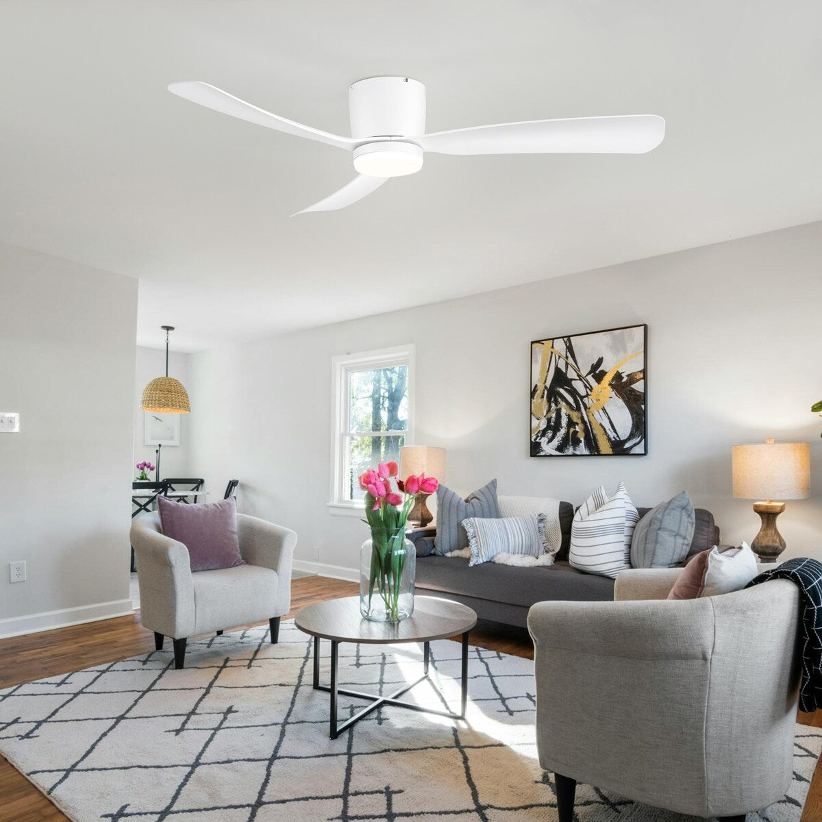 Ventilateur de plafond LED à montage encastré de 52 pouces noir/blanc avec éclairage et télécommande (3 pales)