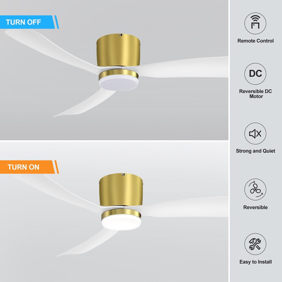 Ventilateur de plafond LED à montage encastré de 52 pouces noir/blanc avec éclairage et télécommande (3 pales)