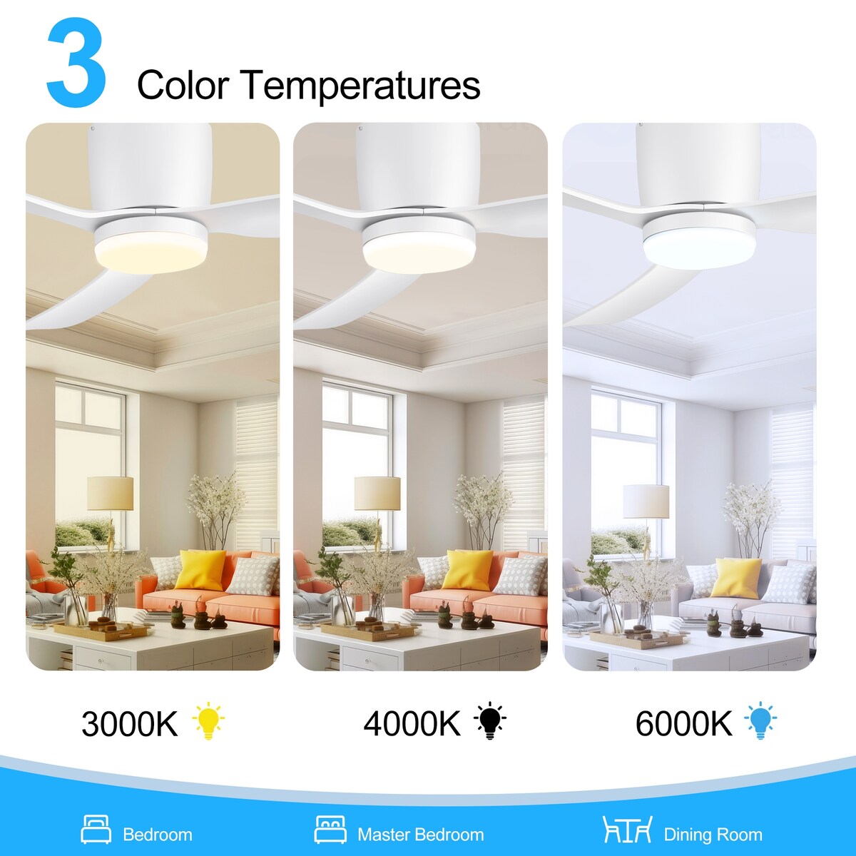 Ventilateur de plafond LED à montage encastré de 52 pouces noir/blanc avec éclairage et télécommande (3 pales)