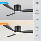 Ventilateur de plafond LED à montage encastré de 52 pouces noir/blanc avec éclairage et télécommande (3 pales)