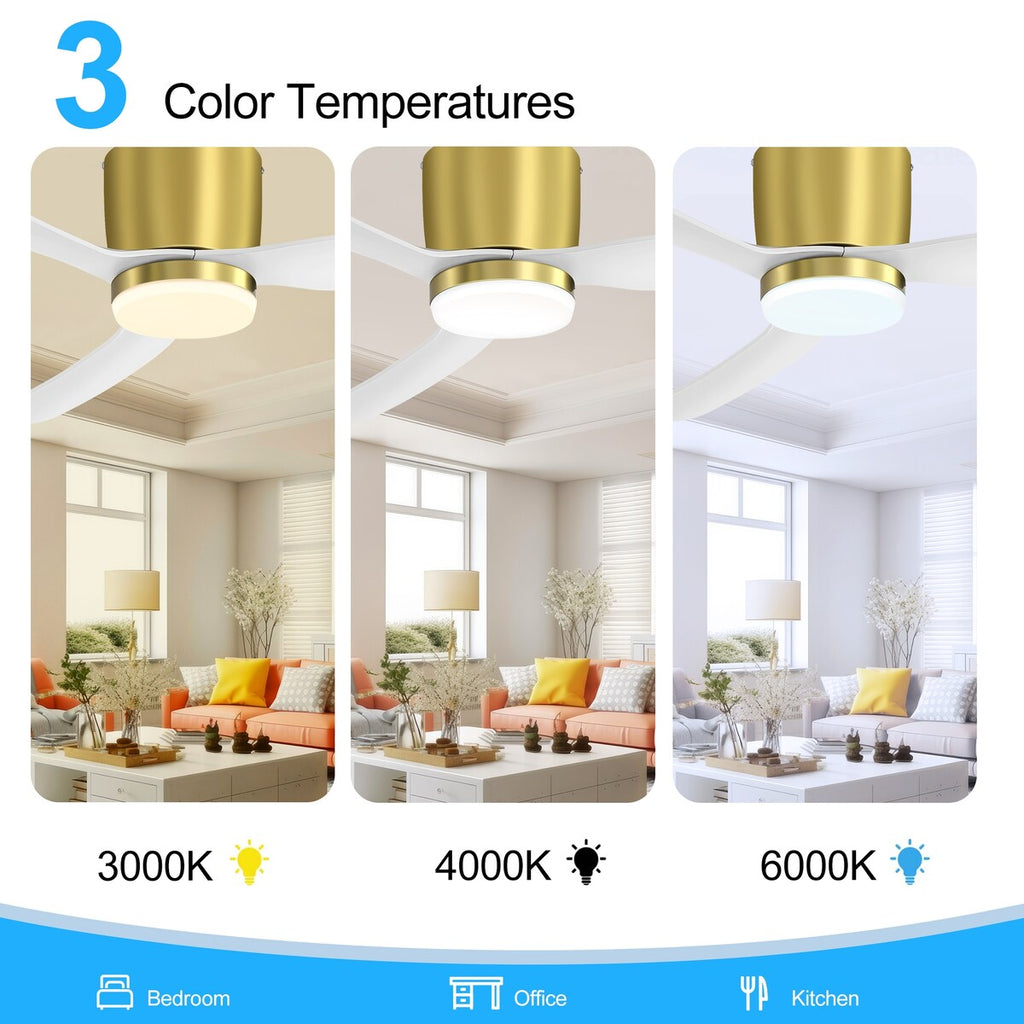 Ventilateur de plafond LED à montage encastré de 52 pouces noir/blanc avec éclairage et télécommande (3 pales)