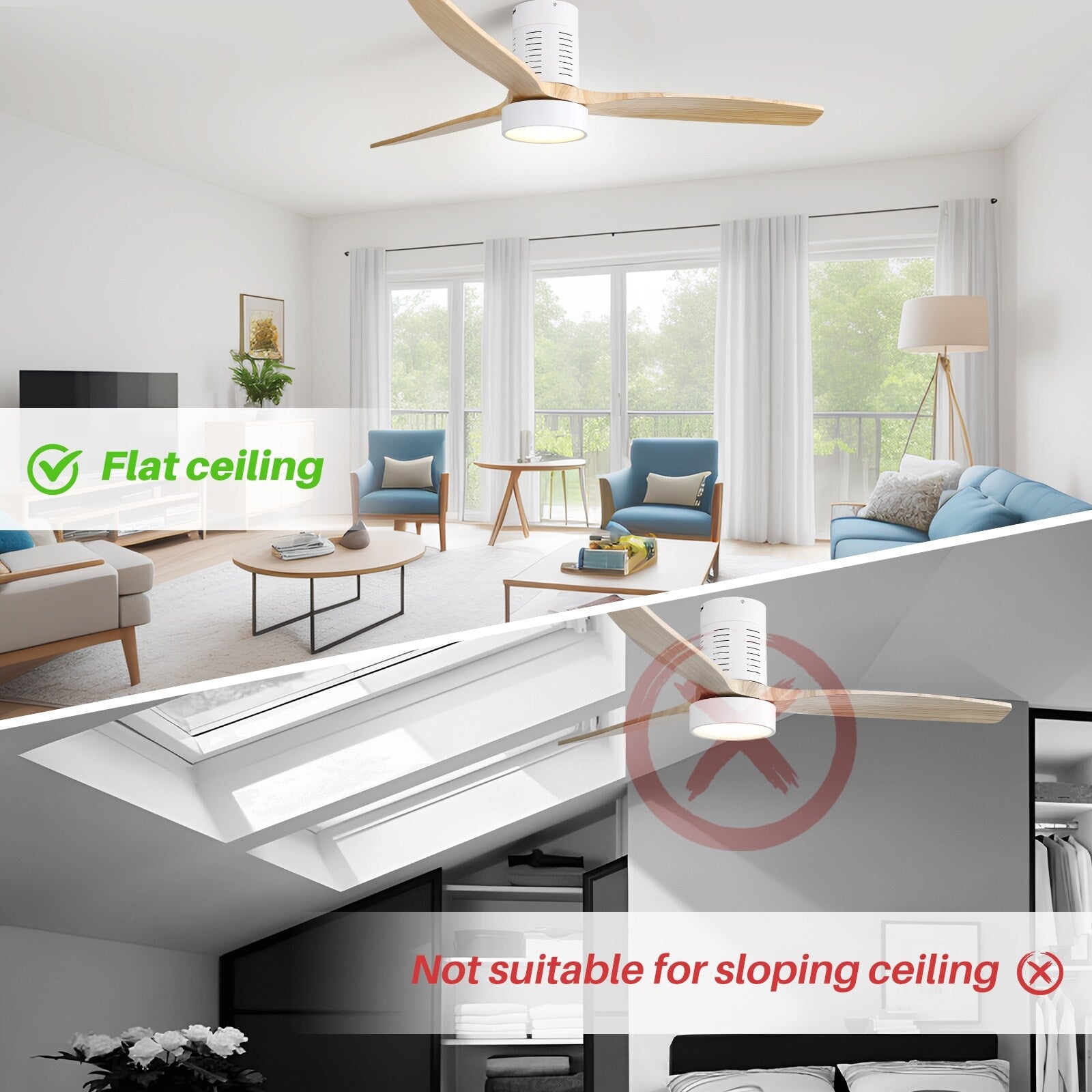 Ventilateur de plafond encastré de 52 pouces de style farmhouse avec éclairage et télécommande, moteur DC réversible.