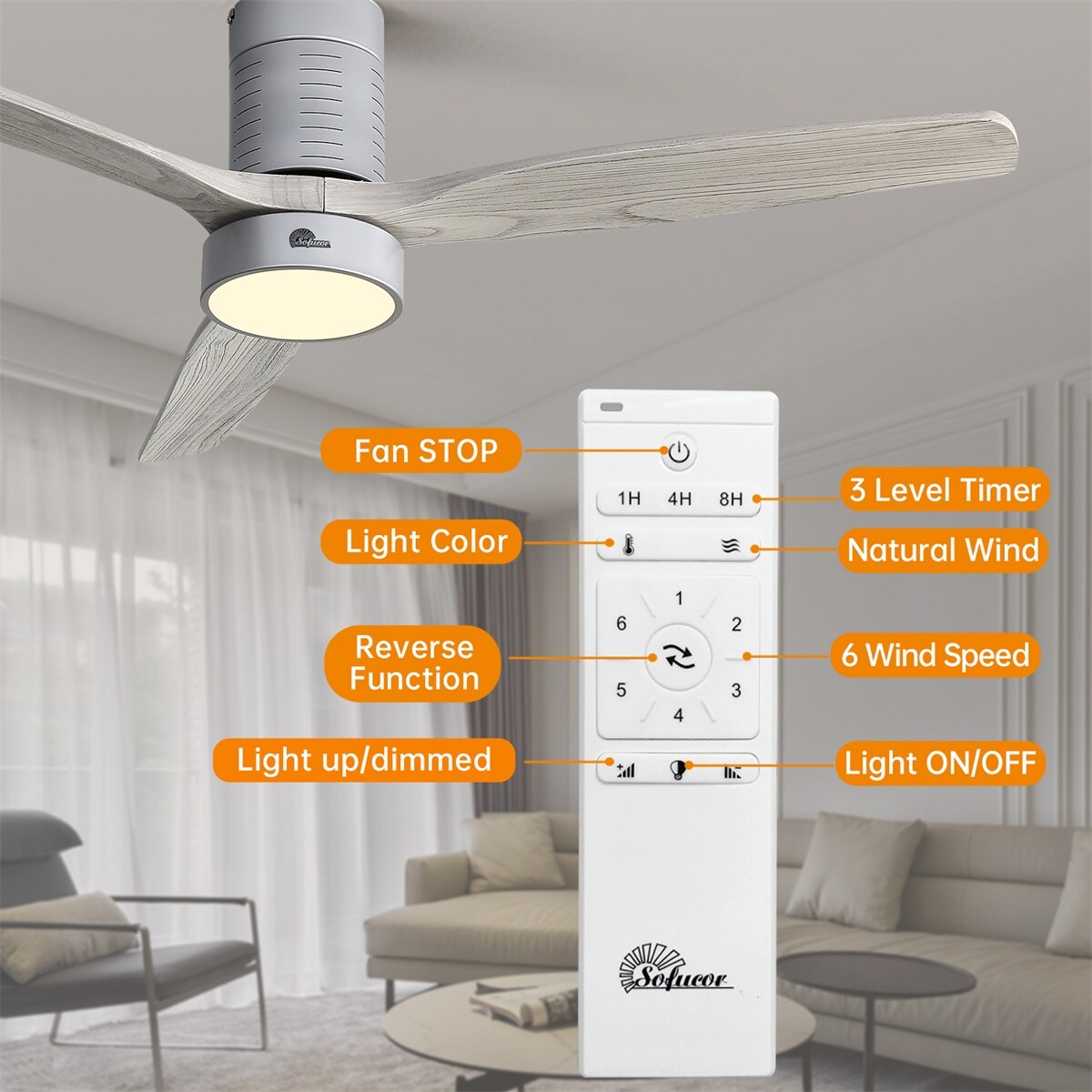 Ventilateur de plafond encastré de 52 pouces de style farmhouse avec éclairage et télécommande, moteur DC réversible.