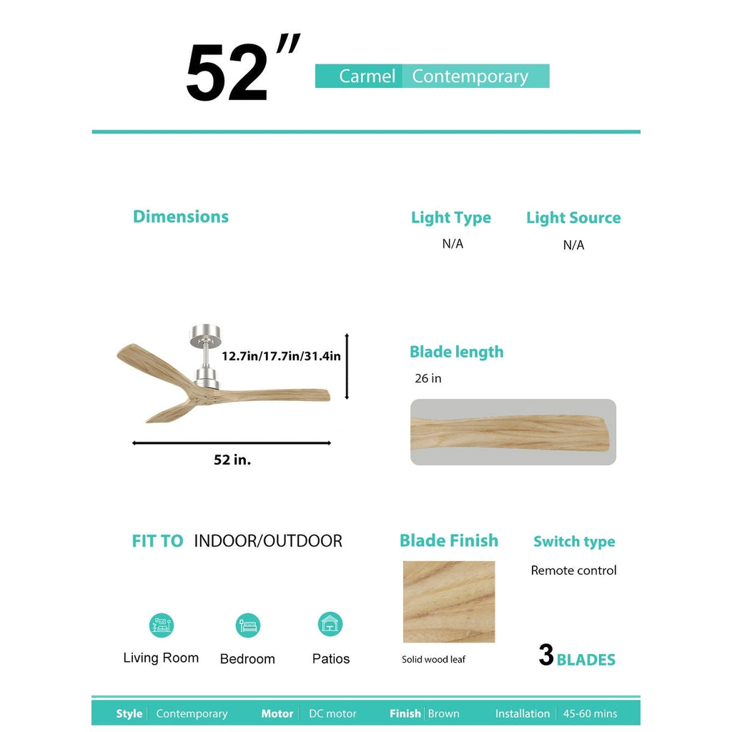 Ventilateur de plafond moderne de 52 pouces en bois massif/ABS avec télécommande (sans éclairage), 6 vitesses de ventilation, flux d'air réversible.