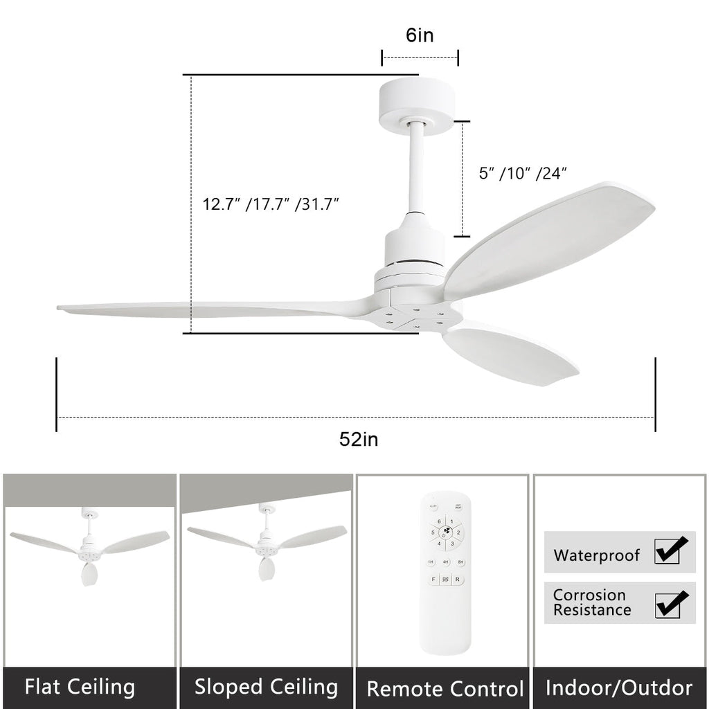 Ventilateur de plafond moderne de 52 pouces en bois massif/ABS avec télécommande (sans éclairage), 6 vitesses de ventilation, flux d'air réversible.