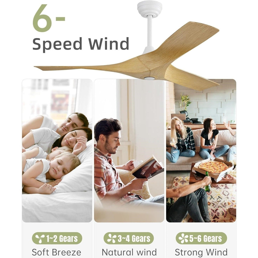 Ventilateur de plafond moderne de 52 pouces en bois massif/ABS avec télécommande (sans éclairage), 6 vitesses de ventilation, flux d'air réversible.
