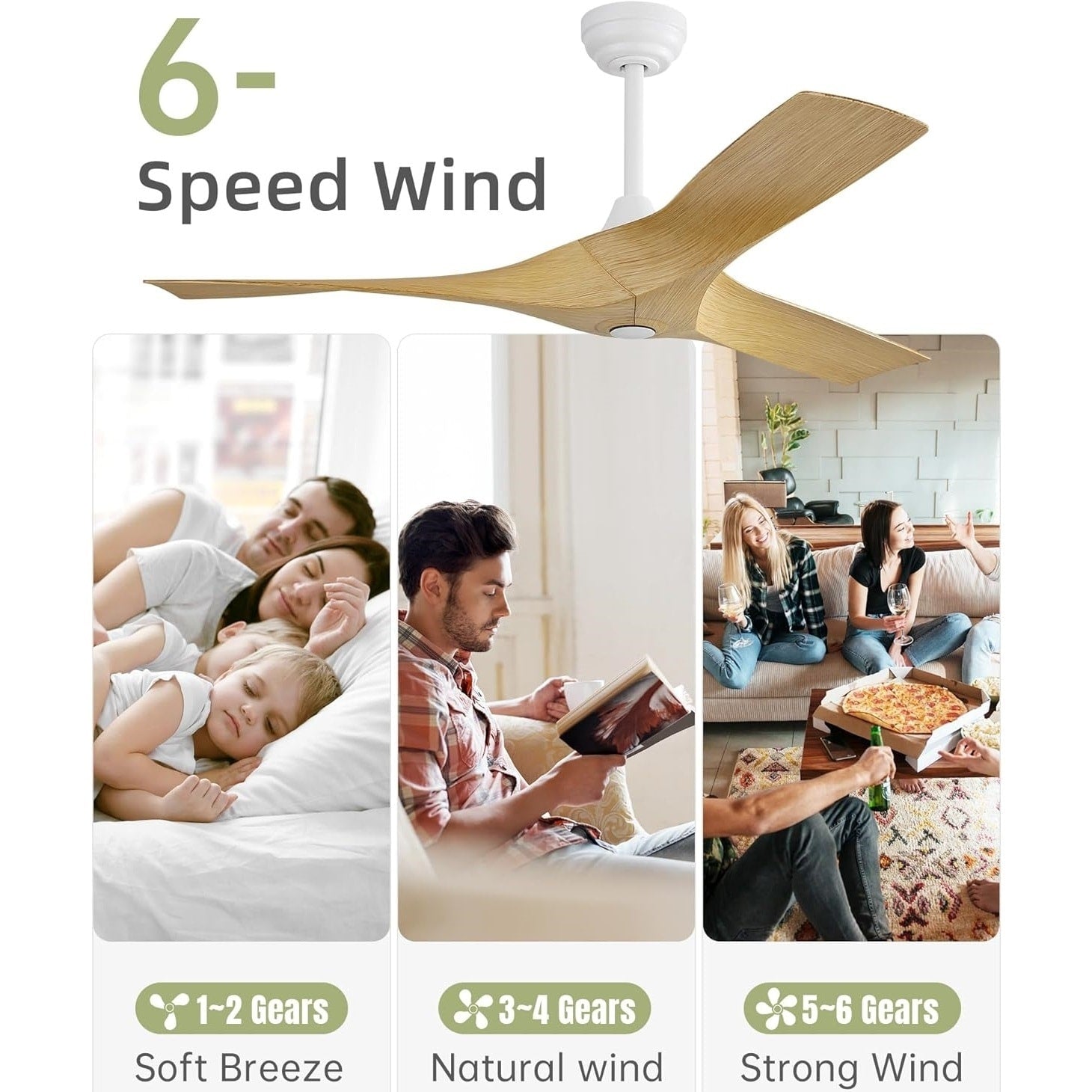 Ventilateur de plafond moderne de 52 pouces en bois massif/ABS avec télécommande (sans éclairage), 6 vitesses de ventilation, flux d'air réversible.