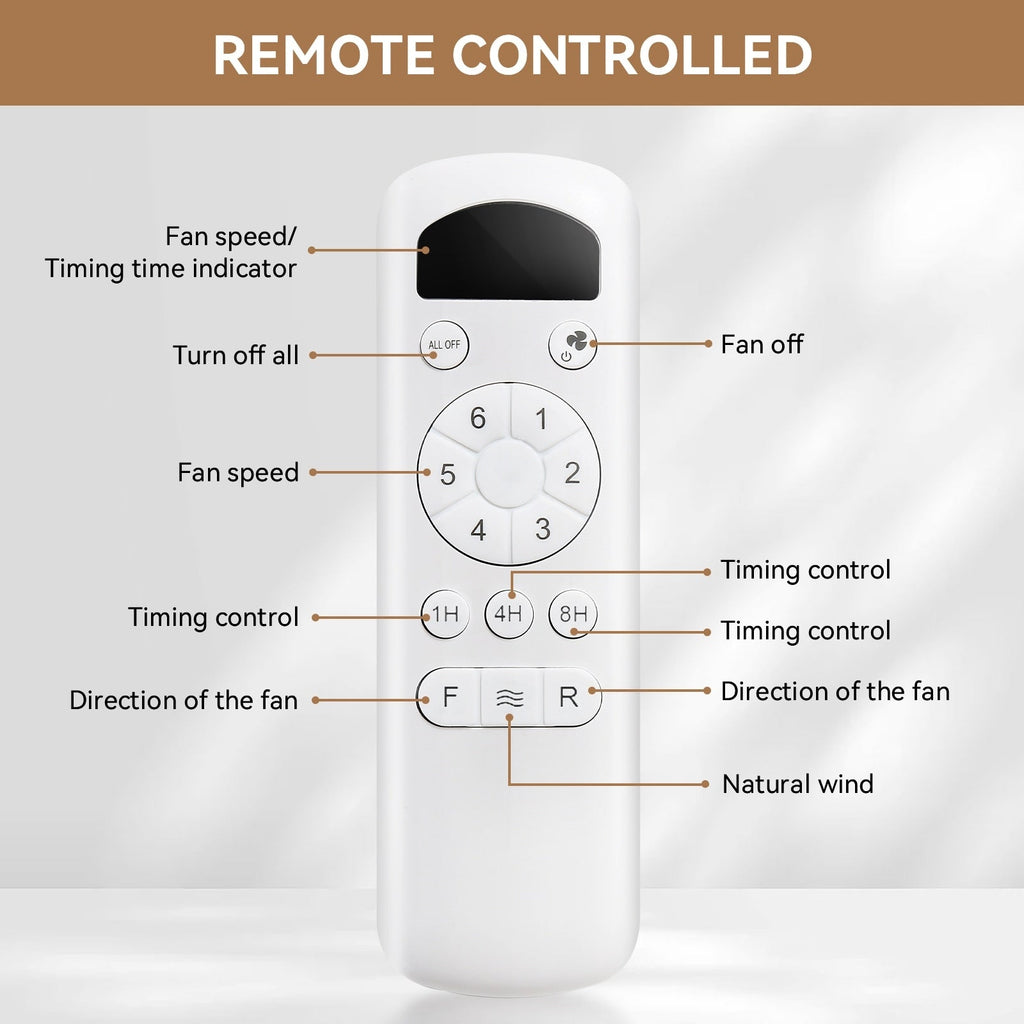 Ventilateur de plafond moderne de 52 pouces en bois massif/ABS avec télécommande (sans éclairage), 6 vitesses de ventilation, flux d'air réversible.