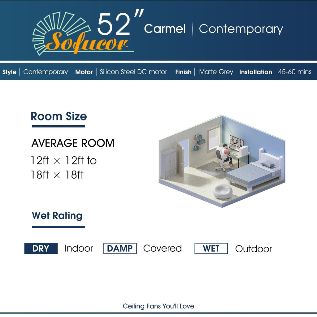 Ventilateur de plafond moderne de 52 pouces en bois massif/ABS avec télécommande (sans éclairage), 6 vitesses de ventilation, flux d'air réversible.